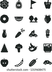 Solid Black Vector Icon Set - pennant vector, stacking toy, peper, a glass of tea, squash, tasty apple, strawberry, rose hip, water melon slice, half loquat, pineapple, hot pepper, carrot, peas