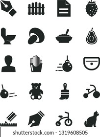 Solid Black Vector Icon Set - scribbled paper vector, woman, small teddy bear, child bicycle, tricycle, big core, wooden paint brush, sink, toilet, drawing, hedge, porcini, fried potato slices, pets