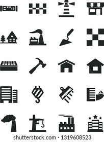 Solid Black Vector Icon Set - dwelling vector, hook, building trowel, level, buildings, tile, ceramic tiles, brick, spatula, hammer with claw, home, kiosk, manufacture, factory, industrial, hotel