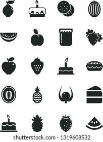 Solid Black Vector Icon Set - cake vector, piece of, torte, apple pie, jam, strawberry, a pineapple, biscuit, branch grape, quince, red, tasty raspberry, melon, half, water slice, ripe, physalis