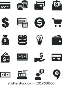 Solid Black Vector Icon Set - bank card vector, dollar, calculation, cards, coins, shopping cart, reverse side of a, column, get wage, wallet, dollars, cash, machine, idea, money mail, dialog, pin