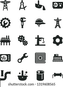 Solid Black Vector Icon Set - cogwheel vector, helmet, gear, water pipes, hydroelectric station, power line, pole, industrial enterprise, gears, tower crane, processor, caliper, metallurgy, repair