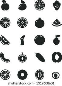Solid Black Vector Icon Set - cucumber vector, strawberry, peach, pomegranate, quince, slice of melon, water, half, cherry, yellow lemon, juicy, passion fruit, orange, pineapple, grapefruit, tomato