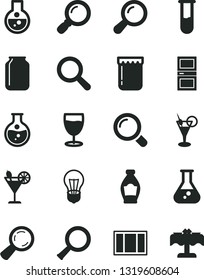 Solid Black Vector Icon Set - magnifier vector, window frame, interroom door, cocktail, glass, jam, bottle, round flask, bulb, jar, test tube, zoom, restaurant
