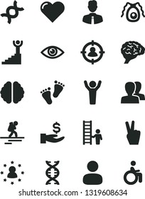 Solid Black Vector Icon Set - women vector, footprints, employee, heart, eye, man, in sight, get a wage, dna, brain, bactery, winner stairway, hands up, with ladder, victory hand, stars around