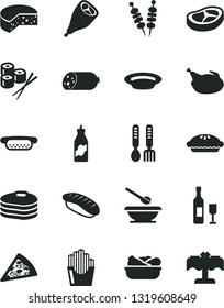 Solid Black Vector Icon Set - plates and spoons vector, iron fork, sausage, cheese, fried vegetables on sticks, piece of pizza, mini hot dog, pie, lettuce in a plate, chicken, grill leg, bacon, wine