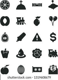 Solid Black Vector Icon Set - warning vector, baby toy train, children's, yule, colored air balloons, building level, peper, ripe peach, squash, quince, melon, half, loquat, slice of lemon, drop oil