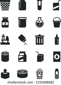 Solid Black Vector Icon Set - wicker pot vector, bin, measuring bottle for feeding, baby powder, e, packing of juice with a straw, bucket, package, unpacking, canned goods, tin, cup popcorn, jam