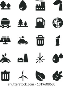 Solid Black Vector Icon Set - dust bin vector, drop, apple stub, solar panel, leaf, gas station, windmill, manufacture, trees, forest, industrial building, thermal power plant, electric car, planet