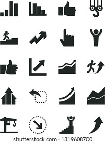 Solid Black Vector Icon Set - growth up vector, line chart, positive histogram, crane, winch hook, index finger, thumb, move left, right bottom arrow, bar, man, carrer stairway, graph, winner, hands