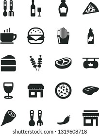 Solid Black Vector Icon Set - plastic fork spoons vector, iron, coffee, fried vegetables on sticks, pizza, piece of, big burger, cake, grill chicken leg, bacon, chop, potato slices, glass, bottle