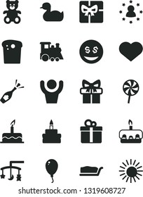 Solid Black Vector Icon Set - heart symbol vector, toys over the cradle, rubber duck, teddy bear, children's train, balloon, cake, gift, Easter, slice, torte, birthday, lollipop, giftbox, champagne