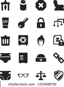 Solid Black Vector Icon Set - mark of injury vector, spectacles, scales, toys over the cot, diaper, nappy, powder, Baby chair, winter hat, warm, dust bin, lock, strongbox, encrypting, glasses, key