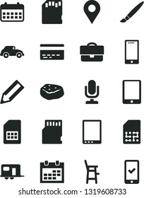 Solid Black Vector Icon Set - tassel vector, desktop microphone, calendar, bank card, a chair for feeding child, smartphone, piece of meat, retro car, SIM, location, portfolio, pencil, tablet pc, sd