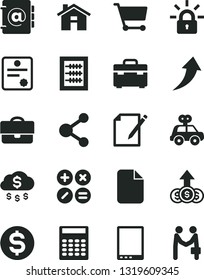 Solid Black Vector Icon Set - house vector, new abacus, motor vehicle present, suitcase, address book, notes, math actions, cart, portfolio, connection, dollar, tablet pc, file, encrypting, patente