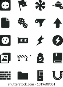 Solid Black Vector Icon Set - upward direction vector, e, brickwork, garden trolley, lightning, road fence, picture, flag, marine propeller, power socket, gears, water filter, pc tower, gpu card