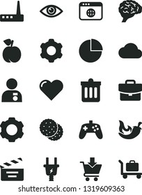 Solid Black Vector Icon Set - movie cracker vector, pie chart, cogwheel, dust bin, heart, eye, suitcase, put in cart, chili, biscuit, peach, electric plug, router, browser, joystick, settings, cloud