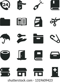 Solid Black Vector Icon Set - folder vector, open pin, e, books, door knob, book, umbrella, drawer, 24, package, half of coconut, kiosk, stall, arm with key, exit, grand opening, champagne