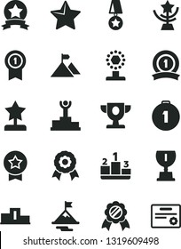 Solid Black Vector Icon Set - star vector, pedestal, medal, winner podium, prize, award, cup, reward, motivation, mountain flag, first place, with pennant, ribbon, certificate