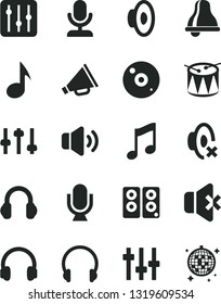 Solid Black Vector Icon Set - bell vector, horn, loudspeaker, silent mode, drum, headphones, microphone, music, regulator, volume, no sound, cd, pc speaker, note, settings, disco ball