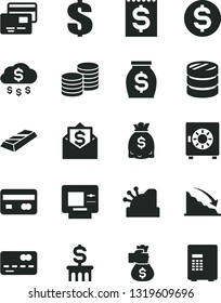 Solid Black Vector Icon Set - dollar vector, strongbox, cards, coins, reverse side of a bank card, front the, column, recession, financial item, money, dollars, cashbox, gold bar, bag hand, rain