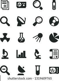 Solid Black Vector Icon Set - magnifier vector, zoom out, negative histogram, artificial satellite, flask, radiation, dish, antenna, ring diagram, pie charts, research article, test tube, microscope