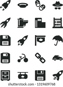 Solid Black Vector Icon Set - floppy disk vector, spectacles, hat with glasses, camera roll, bedside table, tricycle, child shoes, abacus, umbrella, plate, modern gas station, retro car, rocket
