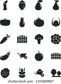 Solid Black Vector Icon Set - garden trolley vector, building, fence, hedge, tomato, carrot, strawberries, pear, mint, squash, raspberry, rose hip, tasty plum, physalis, apple stub, broccoli, trees