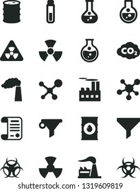 Solid Black Vector Icon Set - round flask vector, manufacture, factory, oil, barrel, industrial building, radiation, carbon dyoxide, filter, water, research article, test tube, molecule, nuclear