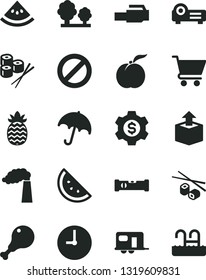Solid Black Vector Icon Set - prohibition vector, construction level, wall clock, umbrella, cart, unpacking, chicken leg, Chinese chopsticks, sushi set, orange slice, ripe peach, pineapple, trees
