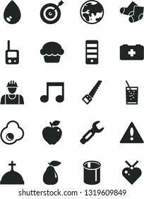 Solid Black Vector Icon Set - warning vector, Knitted Socks, bag of a paramedic, toy phone, builder, arm saw, drop, cake, glass soda, fried egg, pear, red apple, planet, pipes, steel repair key