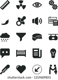 Solid Black Vector Icon Set - baby cot vector, dummy, mercury thermometer, rainy cloud, calculation, left bottom arrow, heart, eye, bulb, volume, cheese, red pepper, antique advertising signboard