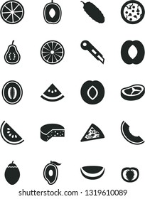 Solid Black Vector Icon Set - stationery knife vector, cheese, pizza, piece of, bacon, cucumber, plum, slice melon, water, half mango, delicious, peach, tamarillo, orange, lemon, coconut, part guava