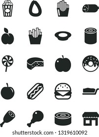 Solid Black Vector Icon Set - sausage vector, stick of, cheese, canned goods, tin, Hot Dog, big burger, cake slice, glazed with a hole, plate milk, chicken leg, thigh, lollipop, French fries, apple