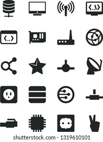 Solid Black Vector Icon Set - power socket type b vector, f, star, screen, big data server, satellite dish, connections, cpu, pc card, router, network, connect, coding, lan connector, wireless