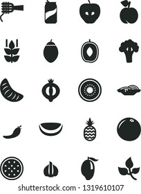 Solid Black Vector Icon Set - slices of onion vector, noodles, soda can, a pineapple, mint, peach, tasty apple, half medlar, mango, delicious plum, slice tangerine, kiwi, passion fruit, tamarillo