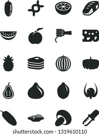 Solid Black Vector Icon Set - piece of cheese vector, slices onion, noodles, porcini, cucumber, sushi, pancakes, ripe peach, fig, water melon, slice, date fruit, lime, pineapple, half grapefruit
