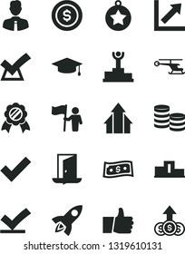 Solid Black Vector Icon Set - check mark vector, growth chart, employee, thumb up, coins, pedestal, winner podium, arrows, graduate, star medal, man hold flag, exit door, vote, confirm, dollar coin