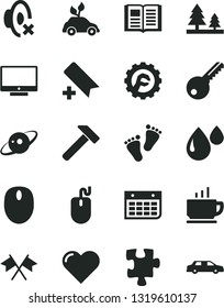 Solid Black Vector Icon Set - add bookmark vector, silent mode, footprints, Puzzle, key, star gear, hammer, heart, book, screen, coffee, forest, drop, environmentally friendly transport, mouse