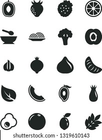Solid Black Vector Icon Set - deep plate with a spoon vector, onion, fried egg, strawberries, half apricot, strawberry, rose hip, fig, medlar, slice of melon, mango, delicious plum, tangerine, leaf