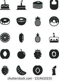 Solid Black Vector Icon Set - bib vector, cake, torte, with a hole, glazed, pineapple, pancakes, half apricot, plum, blackberry, tasty raspberry, peach, date fruit, slice of tangerine, kiwi, orange