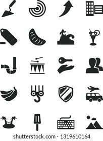 Solid Black Vector Icon Set - keyboard vector, women, remove label, drumroll, winch hook, building trowel, siphon, city block, popsicle, slice of tangerine, bananas, radar, arrow up, arm with key