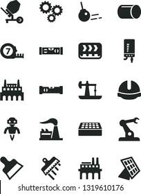 Solid Black Vector Icon Set - concrete mixer vector, long meashuring tape, construction level, building, helmet, brick, putty knife, spatula, electronic boiler, core, oil derrick, factory, conveyor