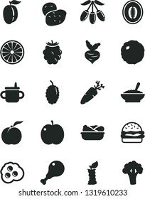 Solid Black Vector Icon Set - mug for feeding vector, burger, a bowl of buckwheat porridge, lettuce in plate, chicken leg, cabbage, carrot, omelette, ripe peach, apple, blackberry, mulberry, plum