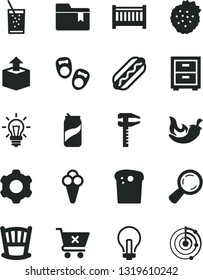 Solid Black Vector Icon Set - incandescent lamp vector, bedside table, folder bookmark, cradle, baby cot, shoes for little children, cogwheel, crossed cart, unpacking, Easter cake, Hot Dog, chili