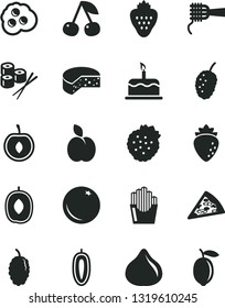 Solid Black Vector Icon Set - cake vector, cheese, piece of pizza, noodles, fried potato slices, sushi set, omelette, strawberry, strawberries, apple, orange, cherry, raspberry, fig, mulberry, tasty