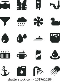 Solid Black Vector Icon Set - mug for feeding vector, rubber duck, rainy cloud, shower, sewerage, boiler, drop, anchor, a glass of tea, soda can, marine propeller, valve, canister oil, filter