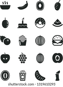 Solid Black Vector Icon Set - cake vector, big burger, glazed with a hole, hot porridge, fried potato slices, cup of popcorn, blueberries, half apricot, large grape, tasty apple, mulberry, melon