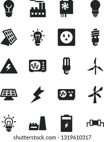 Solid Black Vector Icon Set - danger of electricity vector, bulb, lightning, charging battery, windmill, wind energy, socket, industrial building, thermal power plant, saving, mercury light