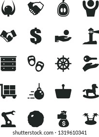 Solid Black Vector Icon Set - cargo trolley vector, dollar, chest of drawers, small rocking horse, shoes for little children, big core, cabbage, half loquat, physalis, assembly robot, catch a coin